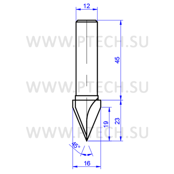 Фреза алмазная PCD V-45-16 пазовая гравировальная - ПРОМТЕХКОМПЛЕКТ